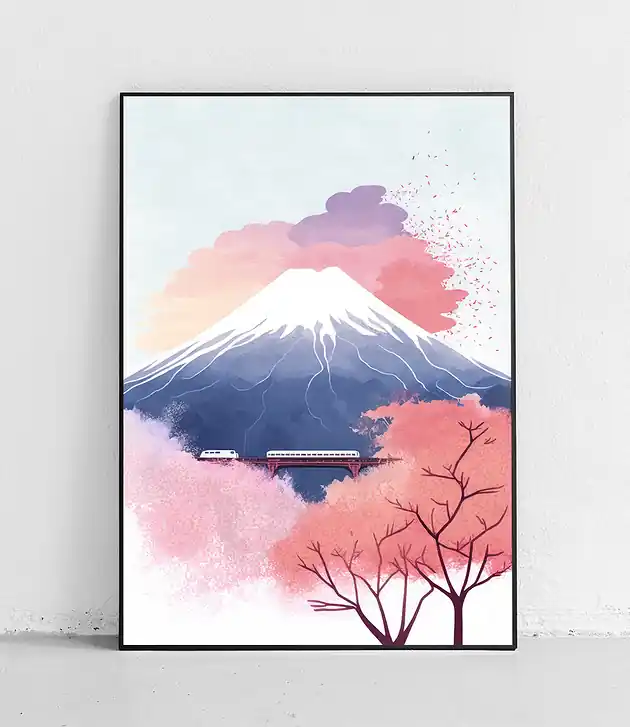 Zniżka Plakat Góra Fuji w różach i błękitach z pociągiem