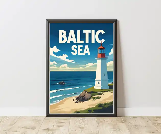 Bezpieczne zakupy PLAKAT retro Morze BAŁTYCKIE ilustracja plaża morski