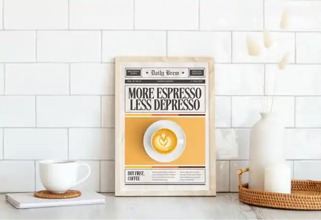 PLAKAT kawa, zabawny prezent dla kawosza, more espresso less depresso Rabat