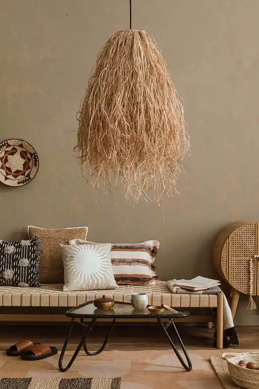 Bestseller Lampa boho pleciona z trawy rafii 60cm