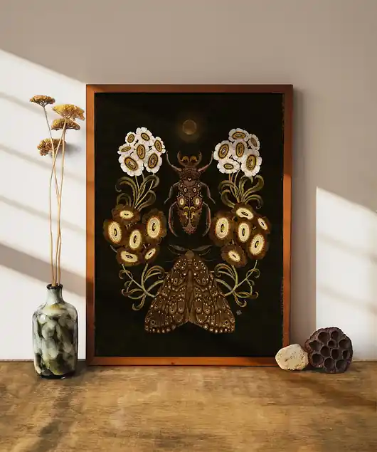 Okazja Owady i księżyc ,plakat botaniczny, plakat boho, plakat motyle ćmy