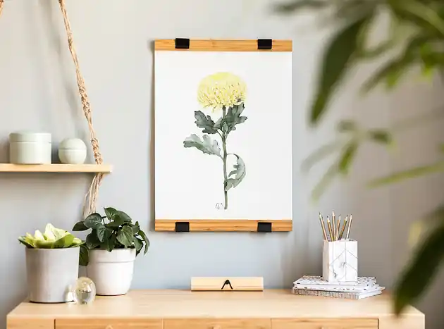 Dostępne od ręki Żółta chryzantema, grafika, akwarela