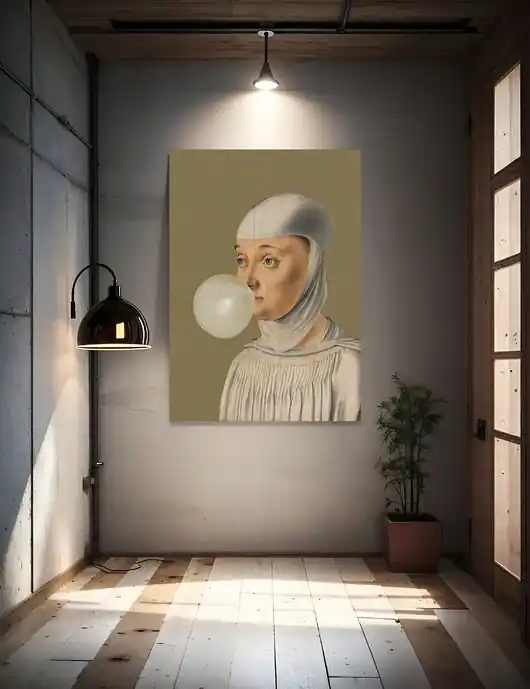 Grafika na płótnie - Kobieta z Gumą Balonową OLIWKOWY Darmowy zwrot