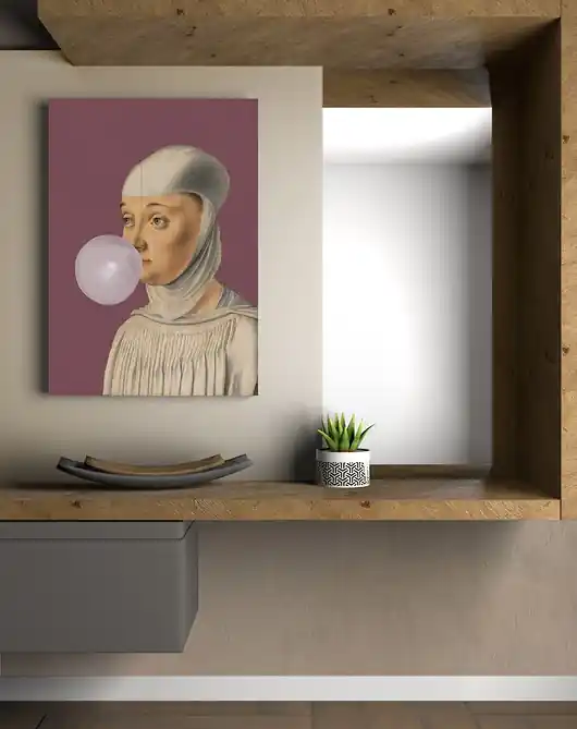 Ograniczona ilość Grafika na płótnie - Kobieta z Gumą Balonową WIŚNIOWY