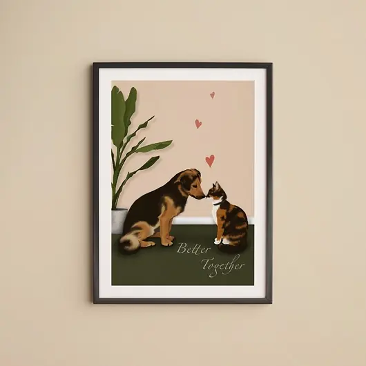 Zniżka Ilustracja Autorska Better Together (pies i kot stykające się noskami)
