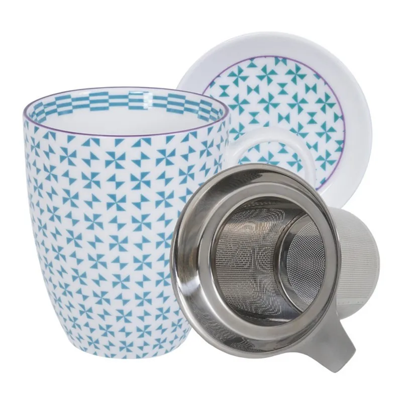 Niebiesko-biały kubek ze spodkiem i zaparzaczem do herbatyTokyo Design Studio Geo Eclectic, 380 ml Bonami Oferta limitowana
