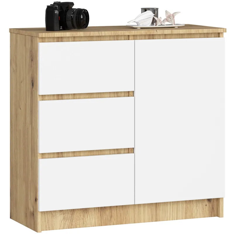 Ekspresowa dostawa Komoda JERRY Dąb Artisan 80 cm 1 drzwi 3 szuflady kolor Biały mat 2 półki 80x35x77 cm