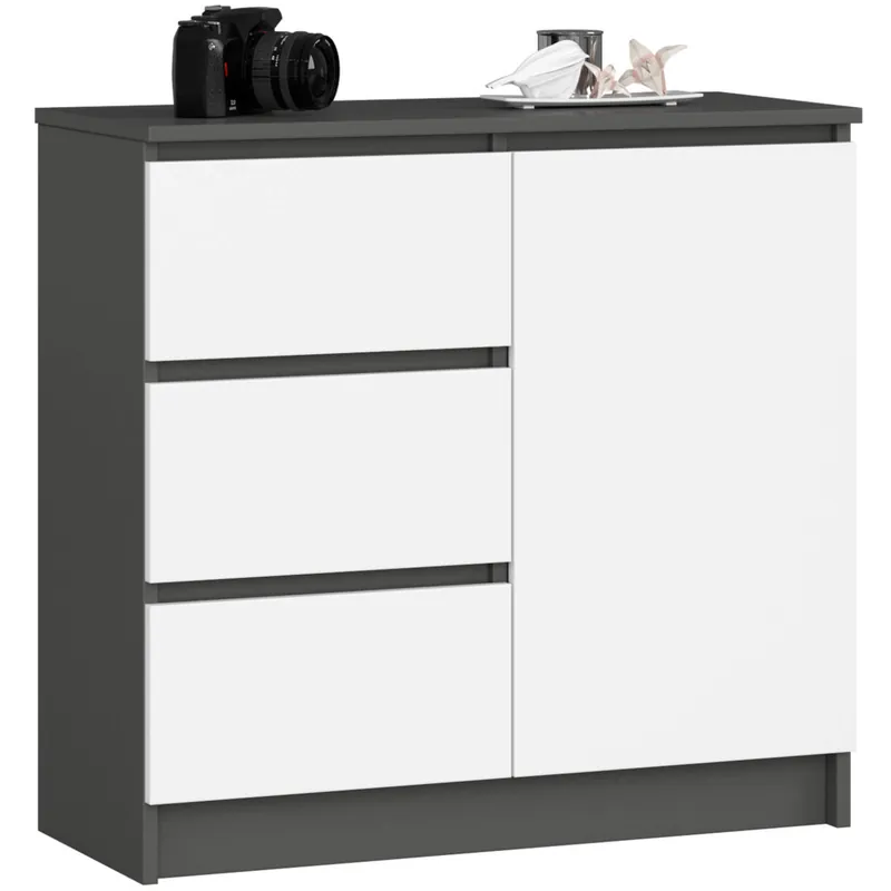 Najlepsza cena Komoda JERRY Grafit Szary 80 cm 1 drzwi 3 szuflady kolor Biały mat 2 półki 80x35x77 cm