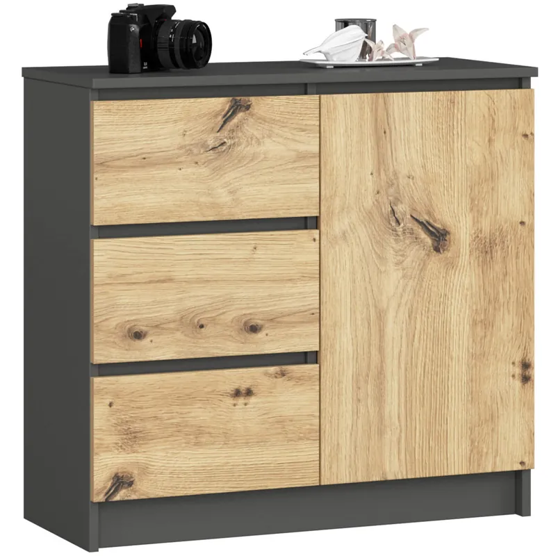 Komoda JERRY Grafit Szary 80 cm 1 drzwi 3 szuflady kolor Dąb Artisan mat 2 półki 80x35x77 cm Dodaj do koszyka