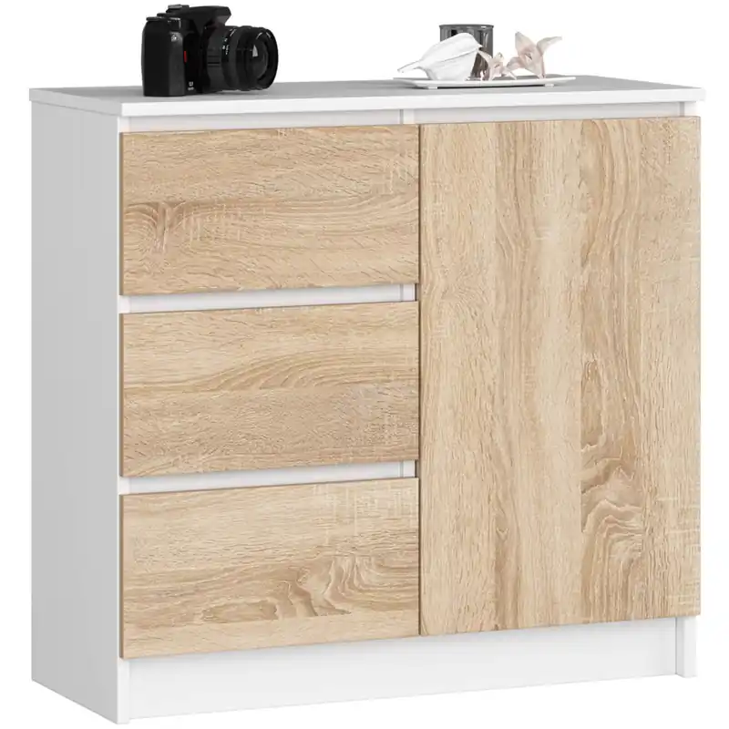 Dostępne od ręki Komoda JERRY Biała 80 cm 1 drzwi 3 szuflady kolor Dąb Sonoma mat 2 półki 80x35x77 cm