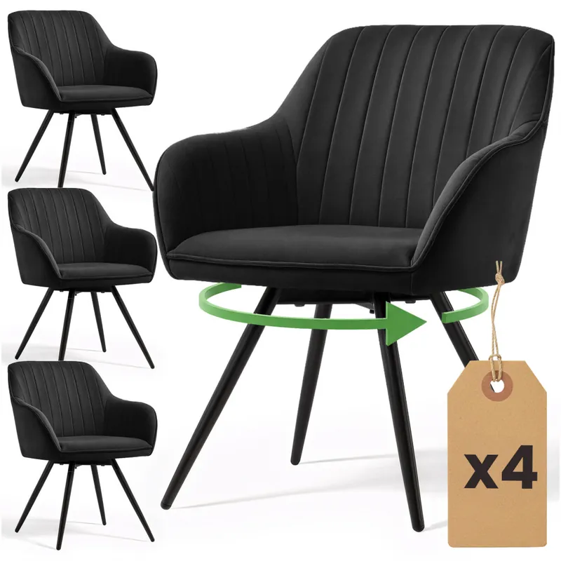 Oferta 4x Welurowe krzesło obrotowe z przeszyciami Czarne TURNO Czarne nogi