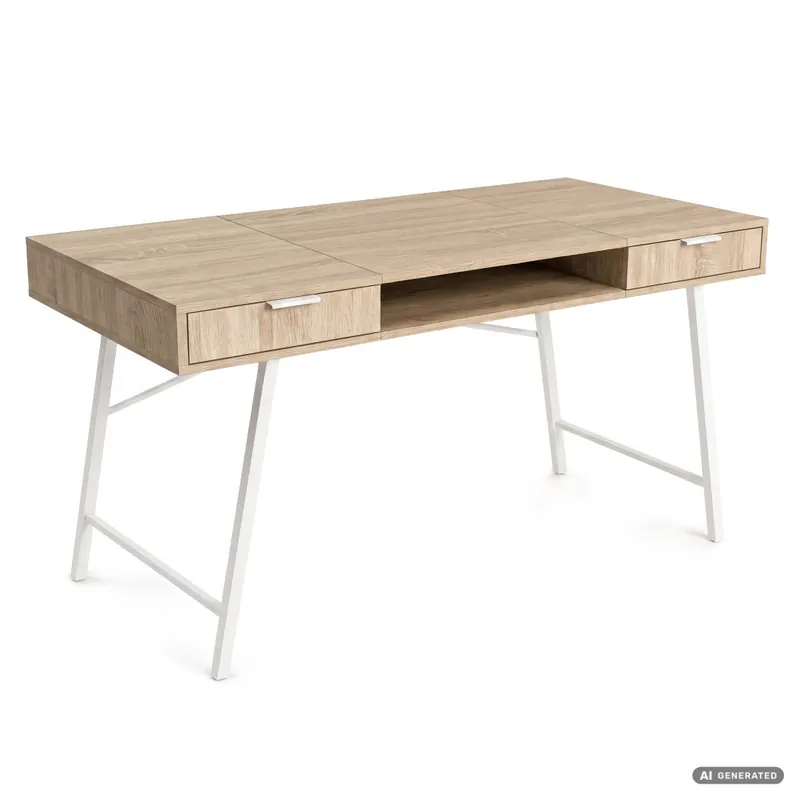 Biurko industrialne komputerowe Dąb Sonoma ARDEN 120 cm 2 szuflady 1 półka Białe nogi Hit cenowy